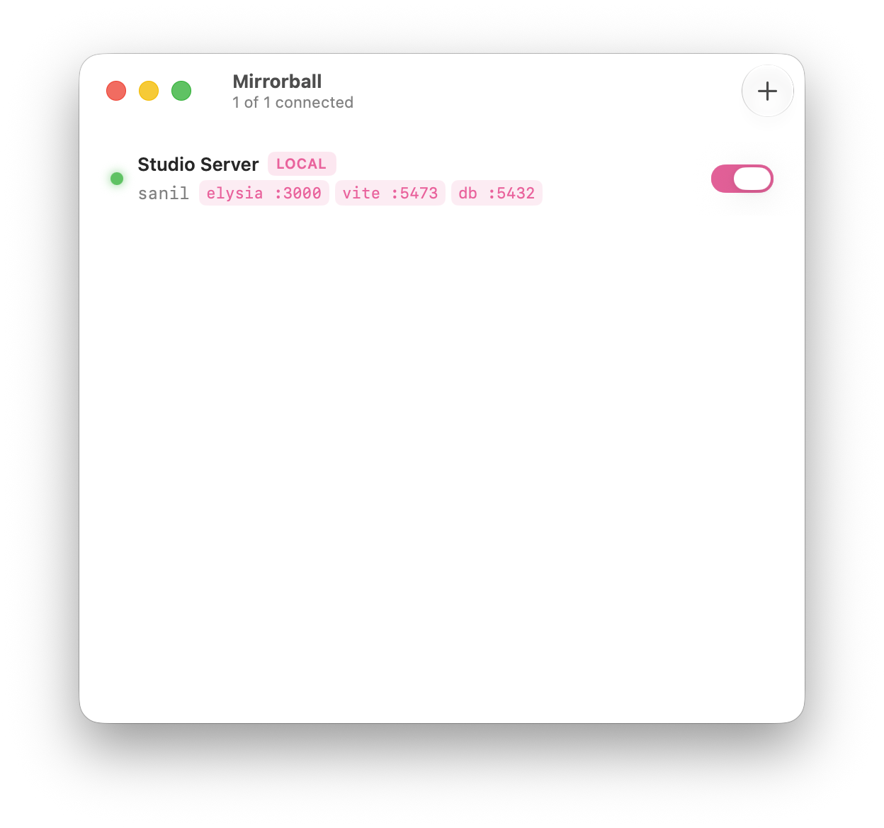 Mirrorball's management window: a forward shown as a row with a status dot, a LOCAL badge, its address mapping, and an on/off switch